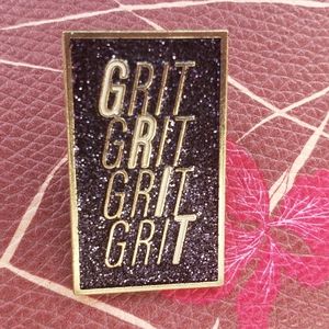 The word Grit brooch for a hardworking lady! Gold and sparkly blue